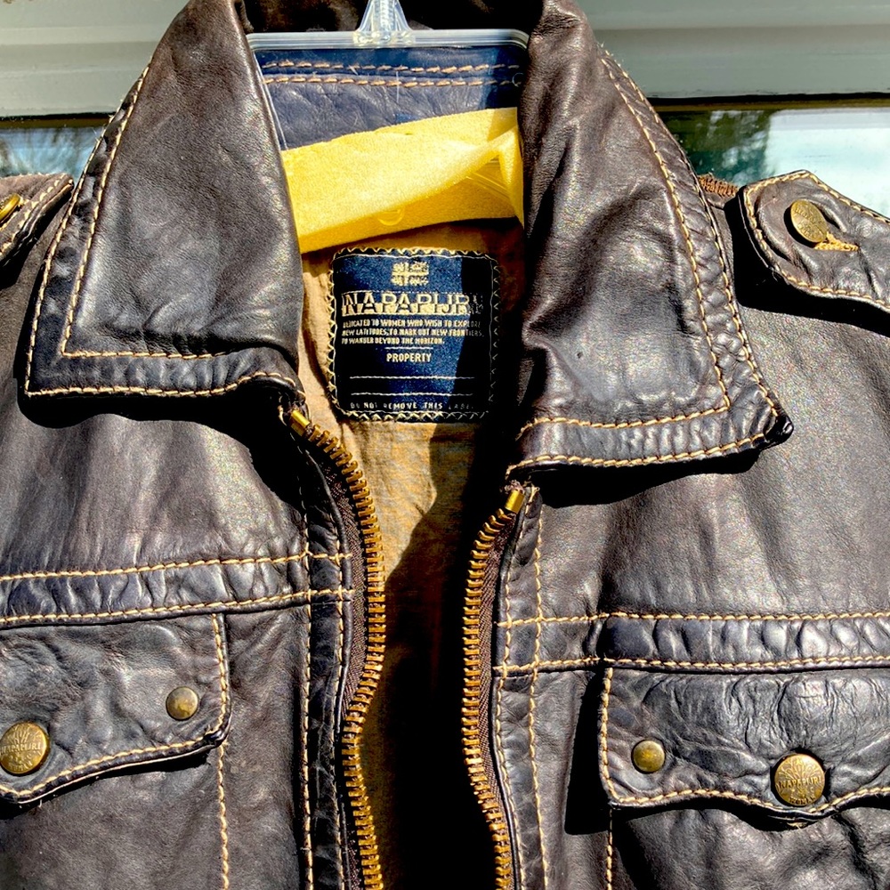 Napapijri size small brown leather jacket. Embroidery ! New condition!